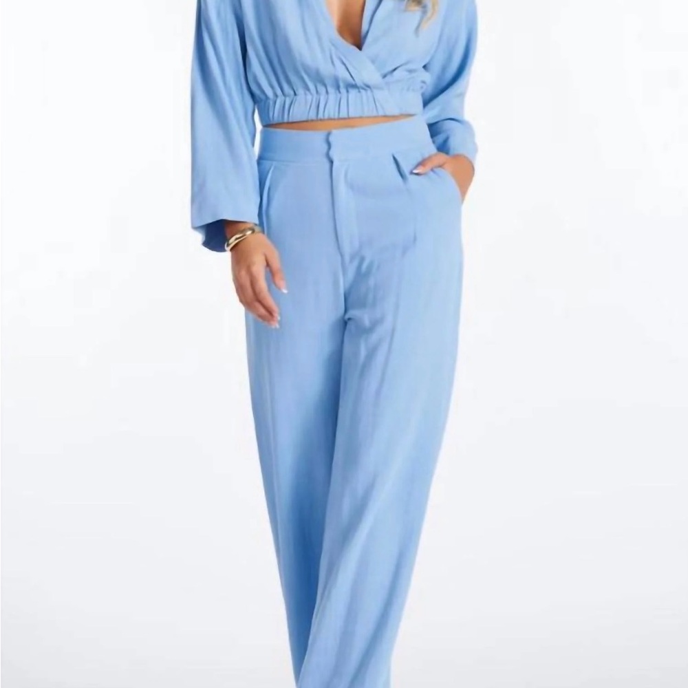 Elegant Blue Women's Wide-Leg Linen Blend Pants